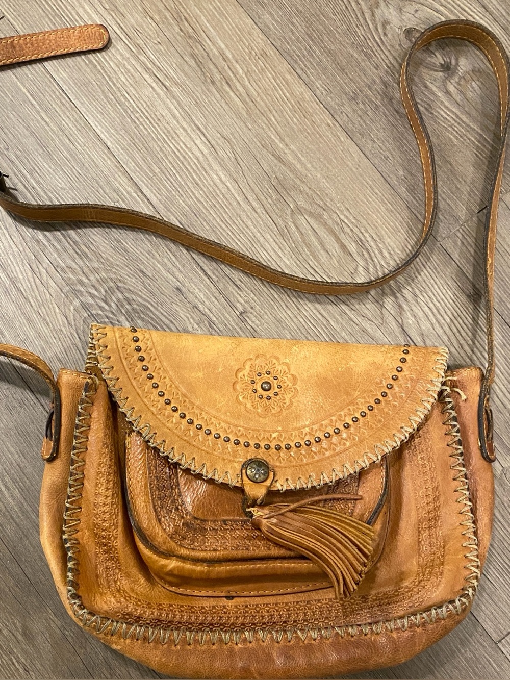 Patricia Nash Beaumont Flap Crossbody Tassel Bag in Tan